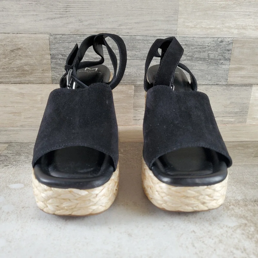 Marc Fisher LTD Nelly Womens Espadrille Wedge Sandals Sz 10 M Black Suede